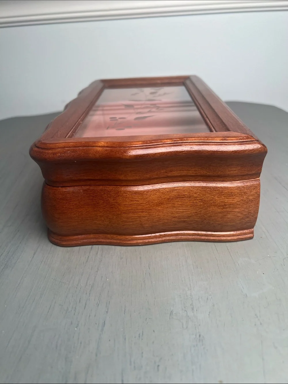 Vintage walnut etched glass jewelry/watch/treasure box. Beautiful curved lines.